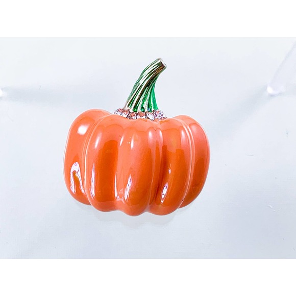 Enamel Pumpkin Pin/ Brooch with Metallic Green Stem & Rhinestones - Picture 5 of 5